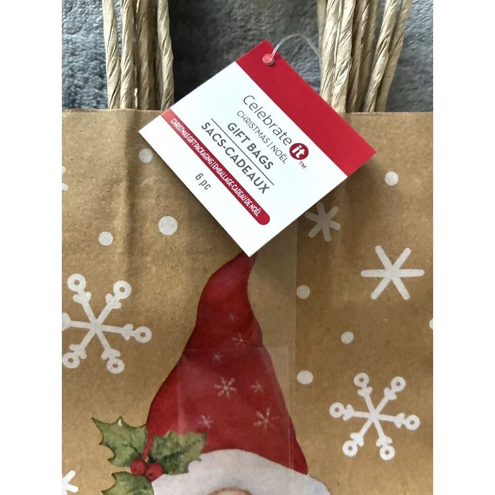 Christmas Gift Bags Gnome Design 18 Total Small Kraft Bags 8” Holiday